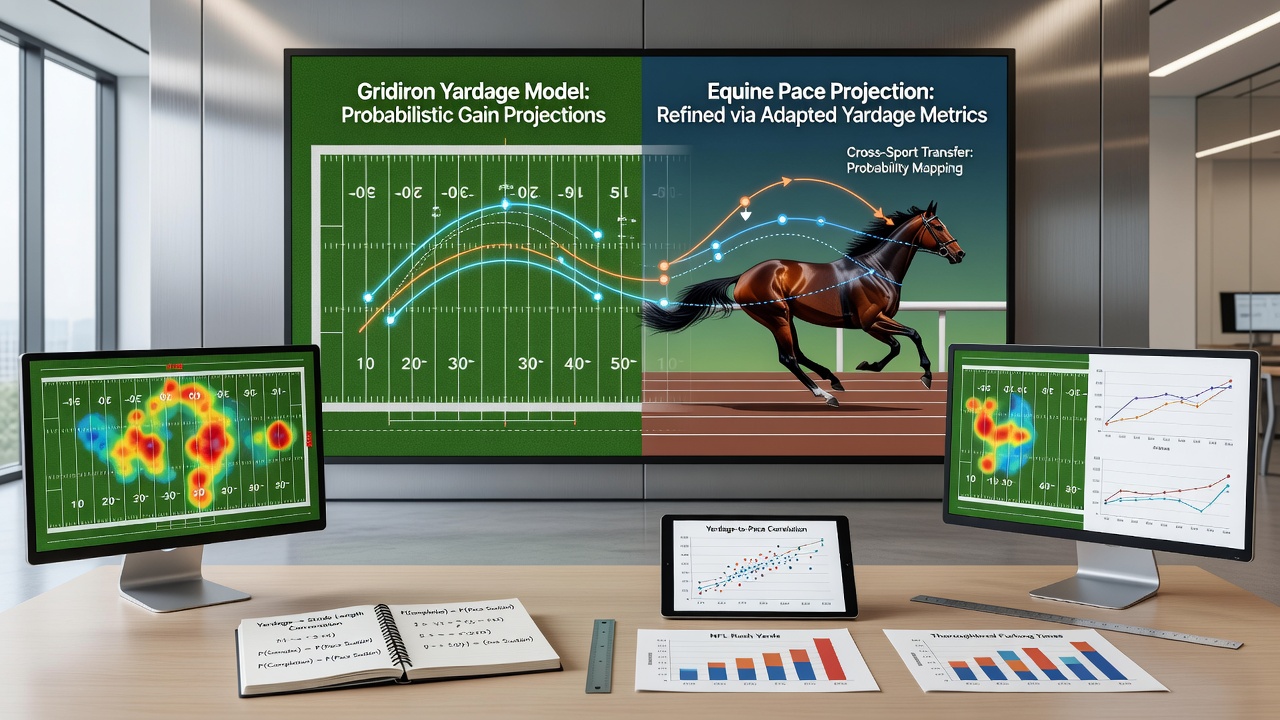 Data visualization showing model integration between football analytics and thoroughbred pace metrics