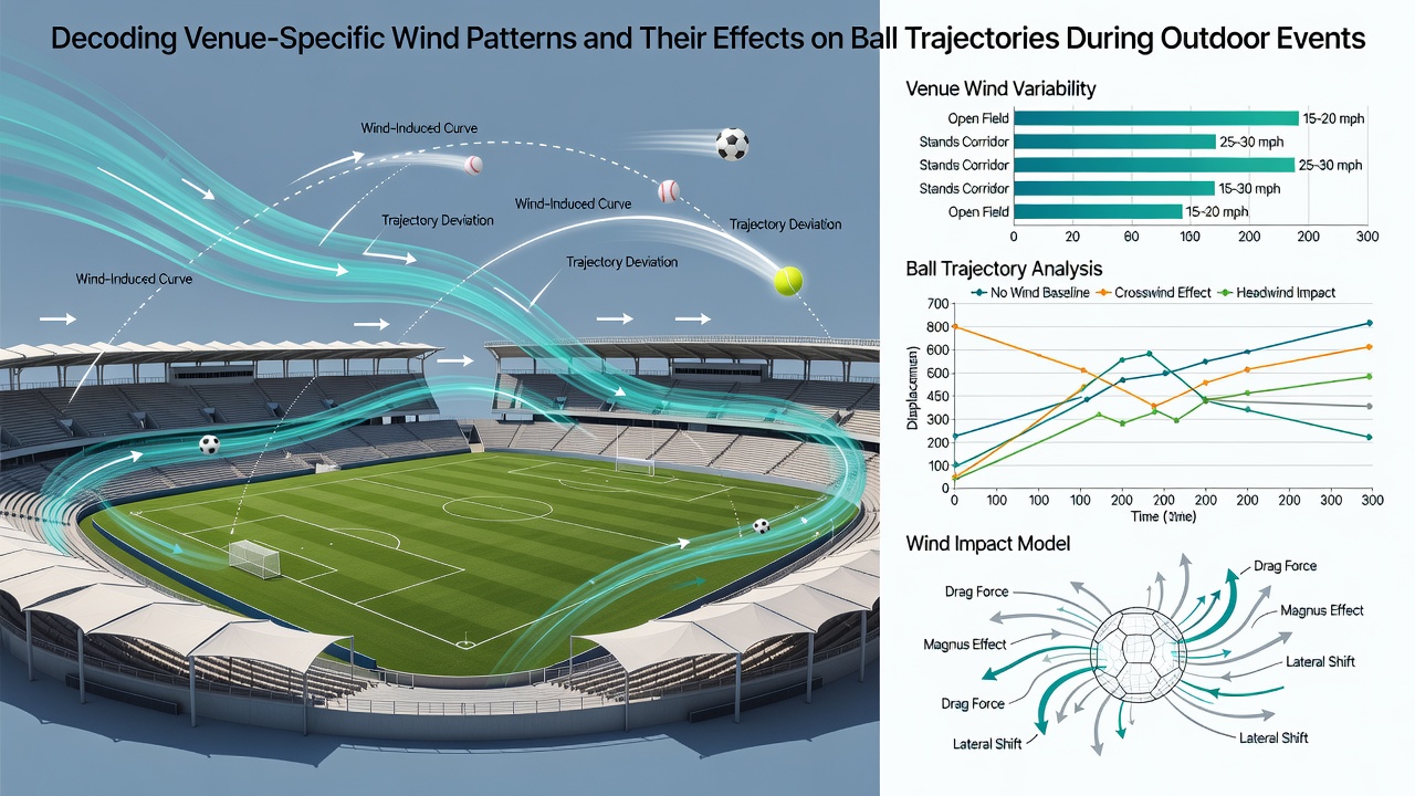 Baseball stadium with wind arrows overlaid on a pitch tracking graphic showing ball deflection in real time