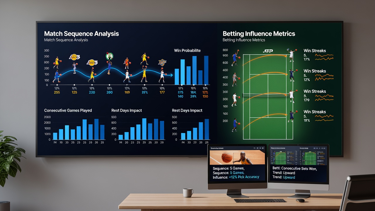 Tennis match in progress highlighting consecutive tournament performance data and betting market indicators