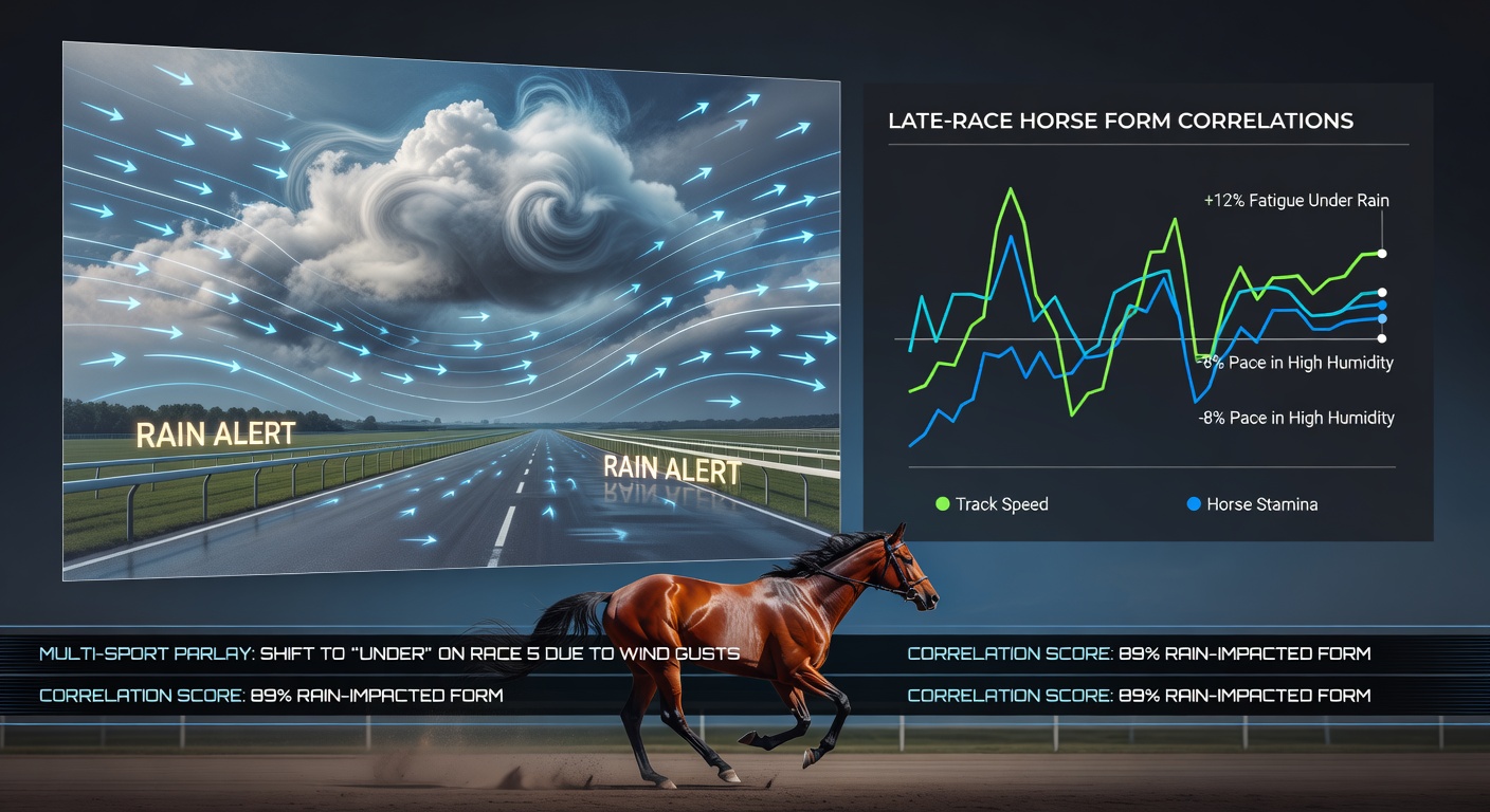 Atmospheric data overlays on horse racing tracks showing temperature and wind patterns during late race stages