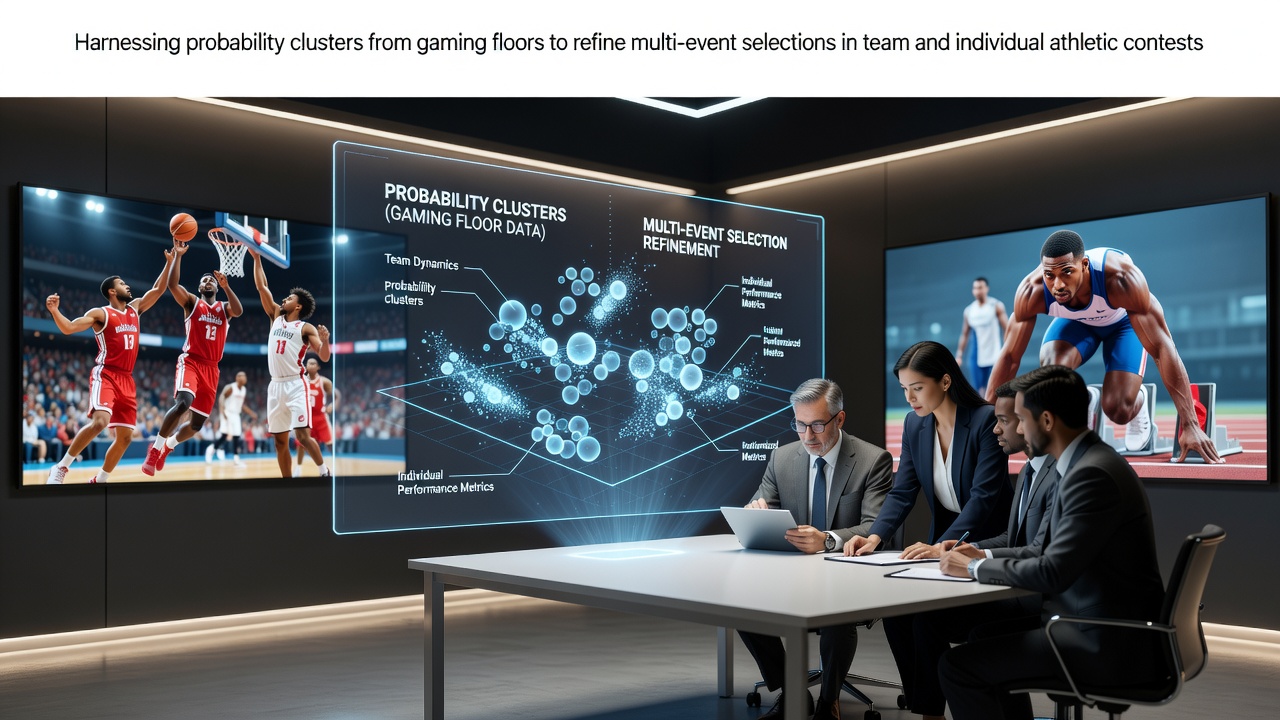 Casino gaming floor with probability analysis overlays connecting to sports betting data screens