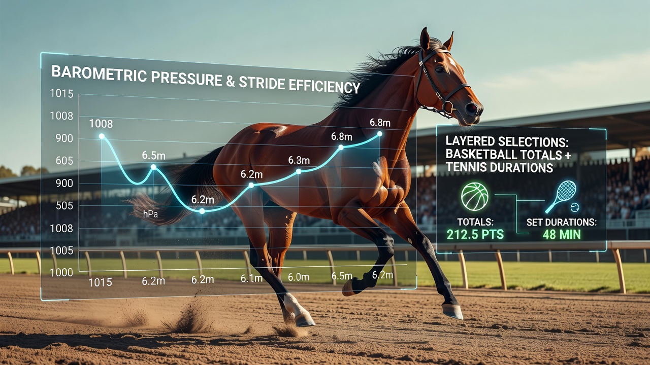 Thoroughbred racehorses competing on an afternoon track under changing weather conditions that influence stride patterns