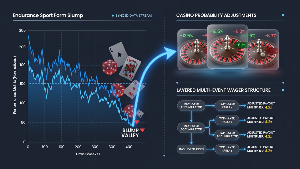 Layered betting slip interface displaying combined endurance sports selections and casino probability adjustments in a multi-event accumulator