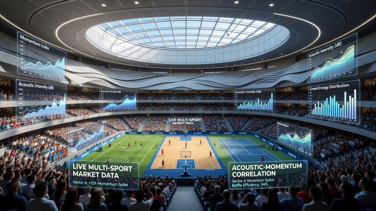 Acoustic mapping diagram overlaid on a multi-purpose sports venue during a live event