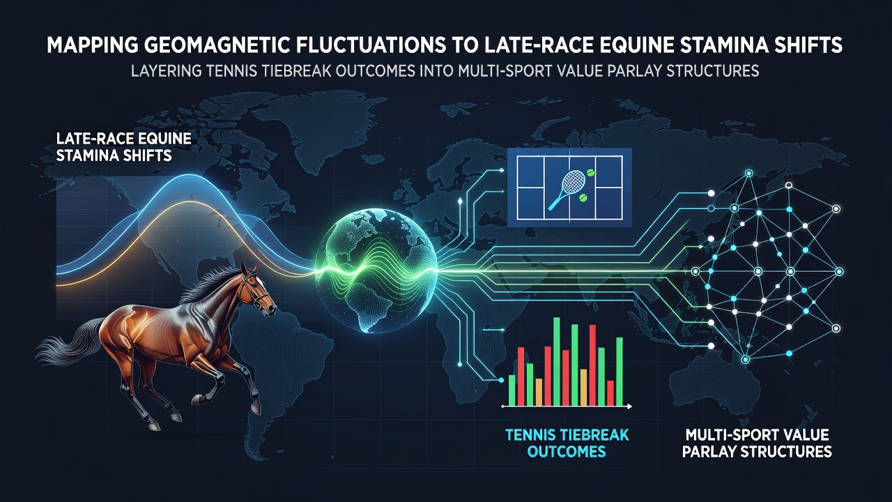 Diagram showing geomagnetic data overlays on horse racing tracks and tennis court tiebreak statistics
