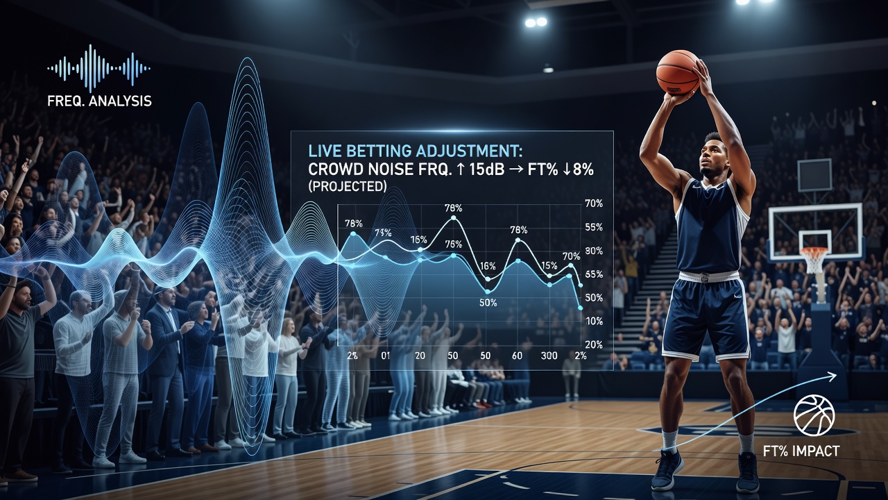 Spectrogram analysis of crowd noise frequencies during a college basketball game with free throw attempts overlaid