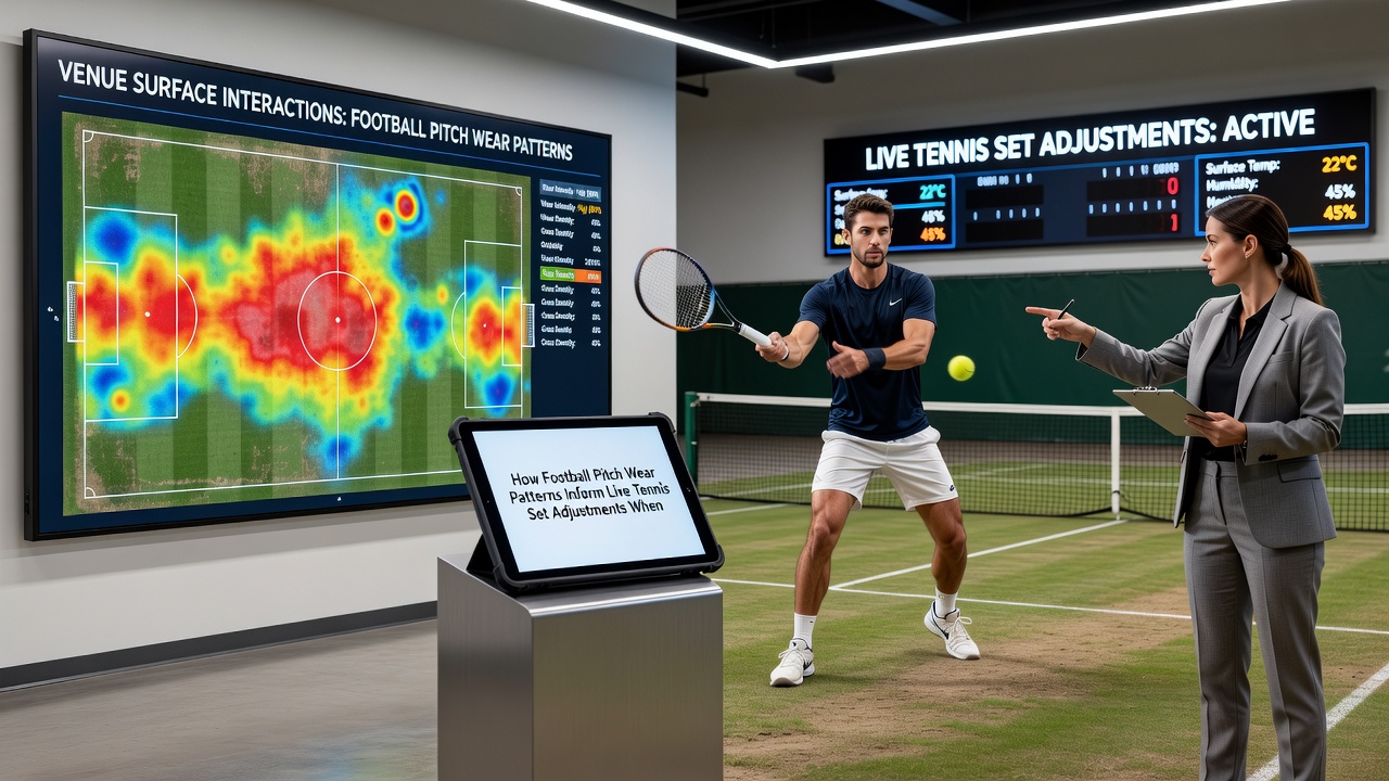 Tennis court maintenance crew measuring surface conditions alongside data feeds from football venue sensors